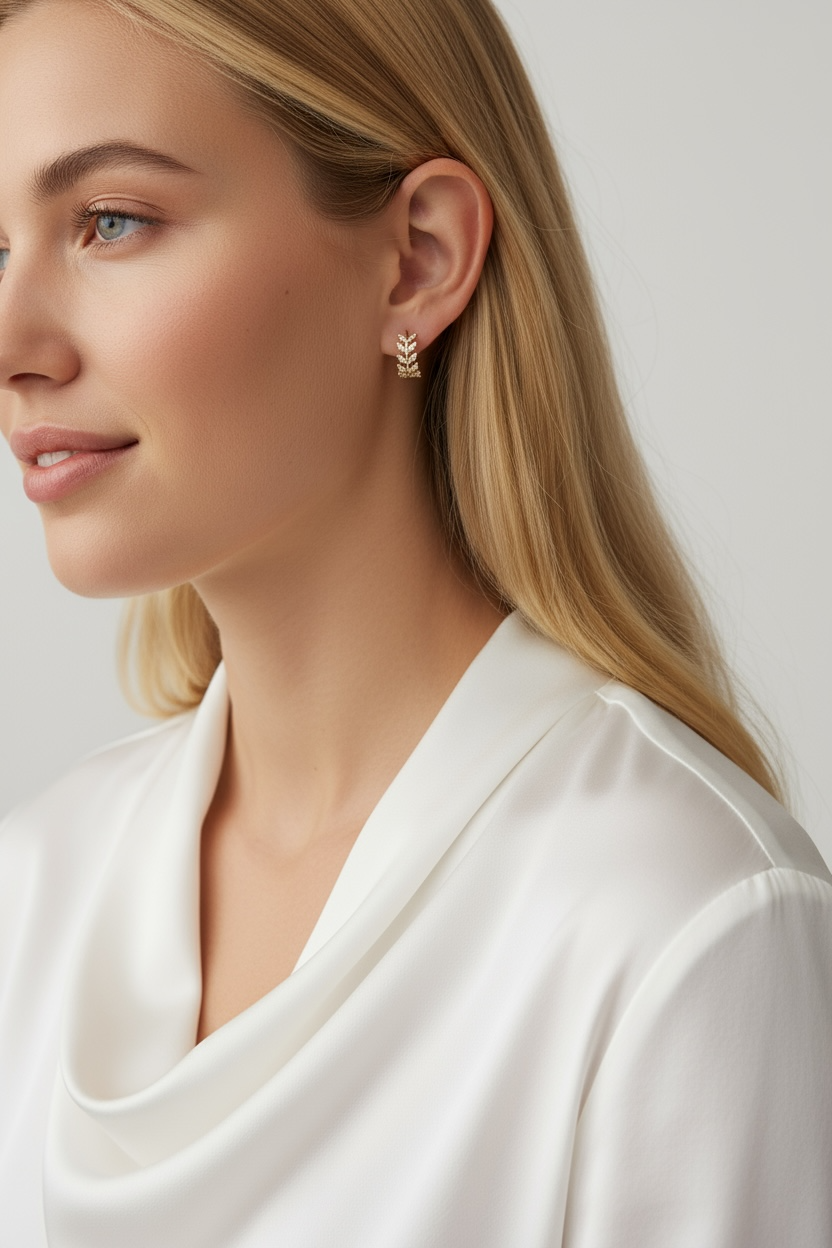 18k Gold Filled CZ Leaf Clicker Hoop Earrings, photo 2 of 8