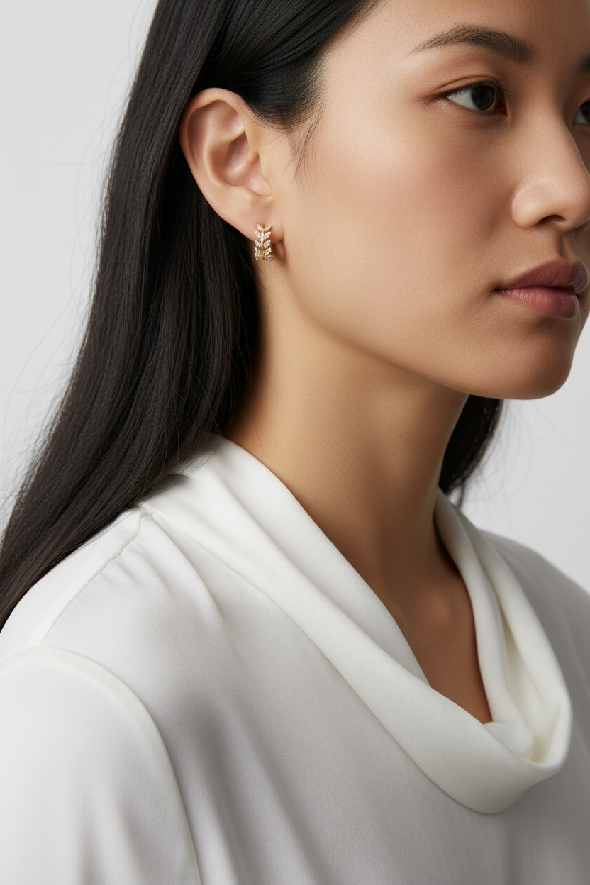 18k Gold Filled CZ Leaf Clicker Hoop Earrings, photo 6 of 8