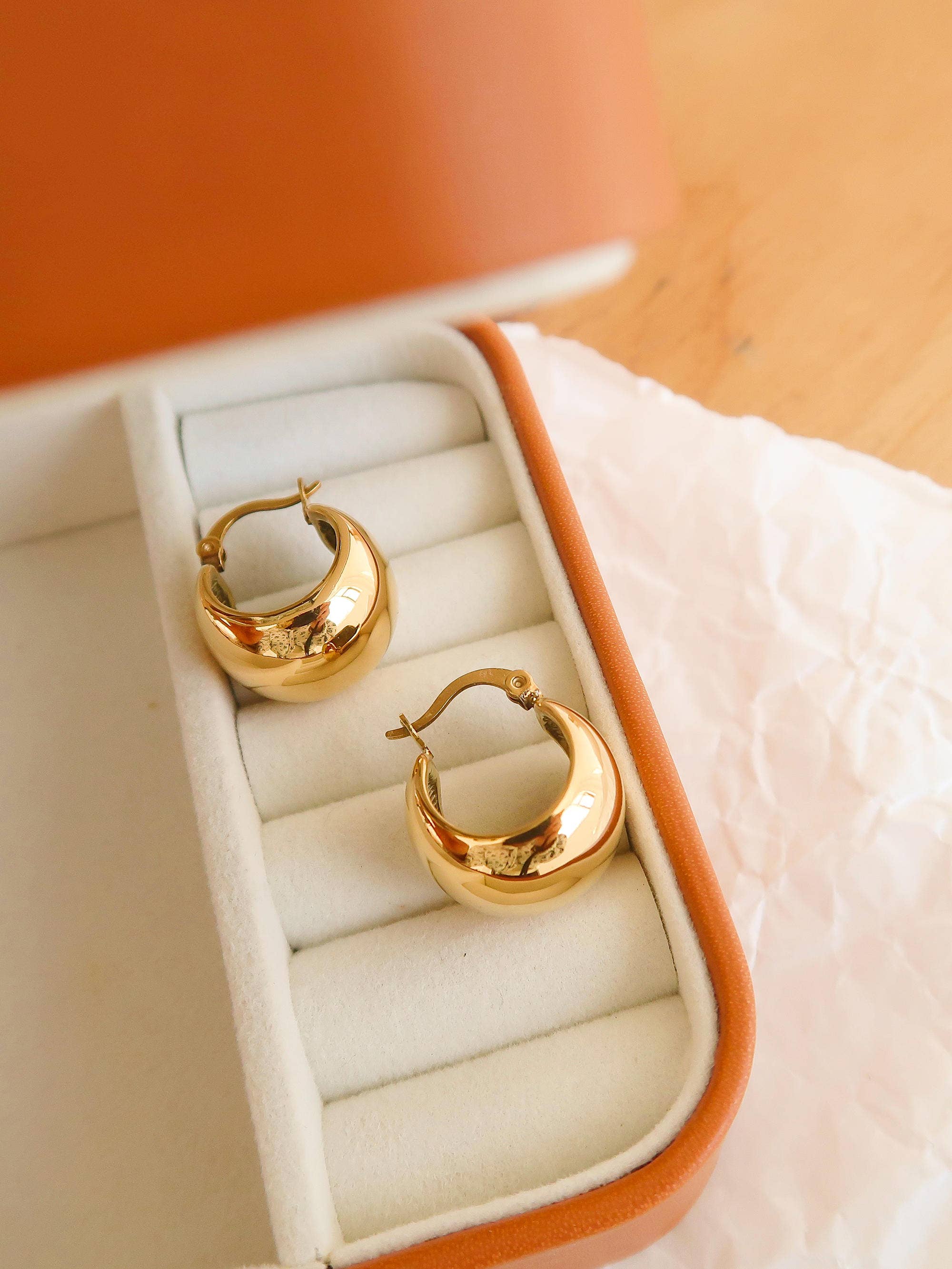 Amélie 18K Gold Non-Tarnish Classic Round Huggie Earring: Yellow Gold, photo 3 of 4