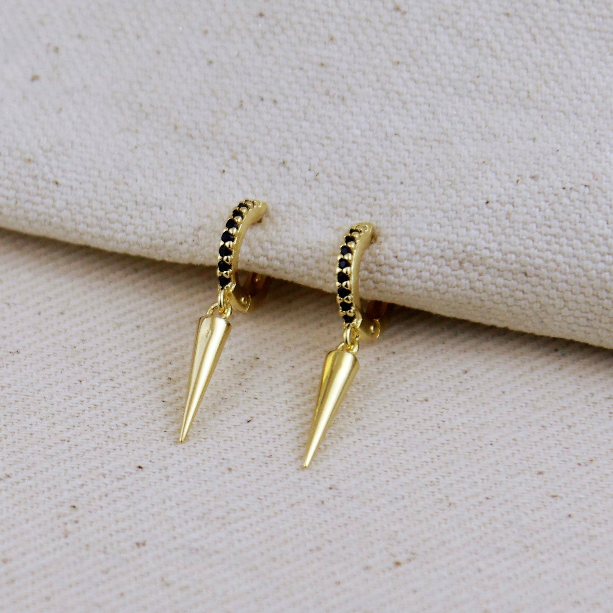 18k Gold Filled Black CZ Hoop Earrings With Spike Drop, photo 6 of 6