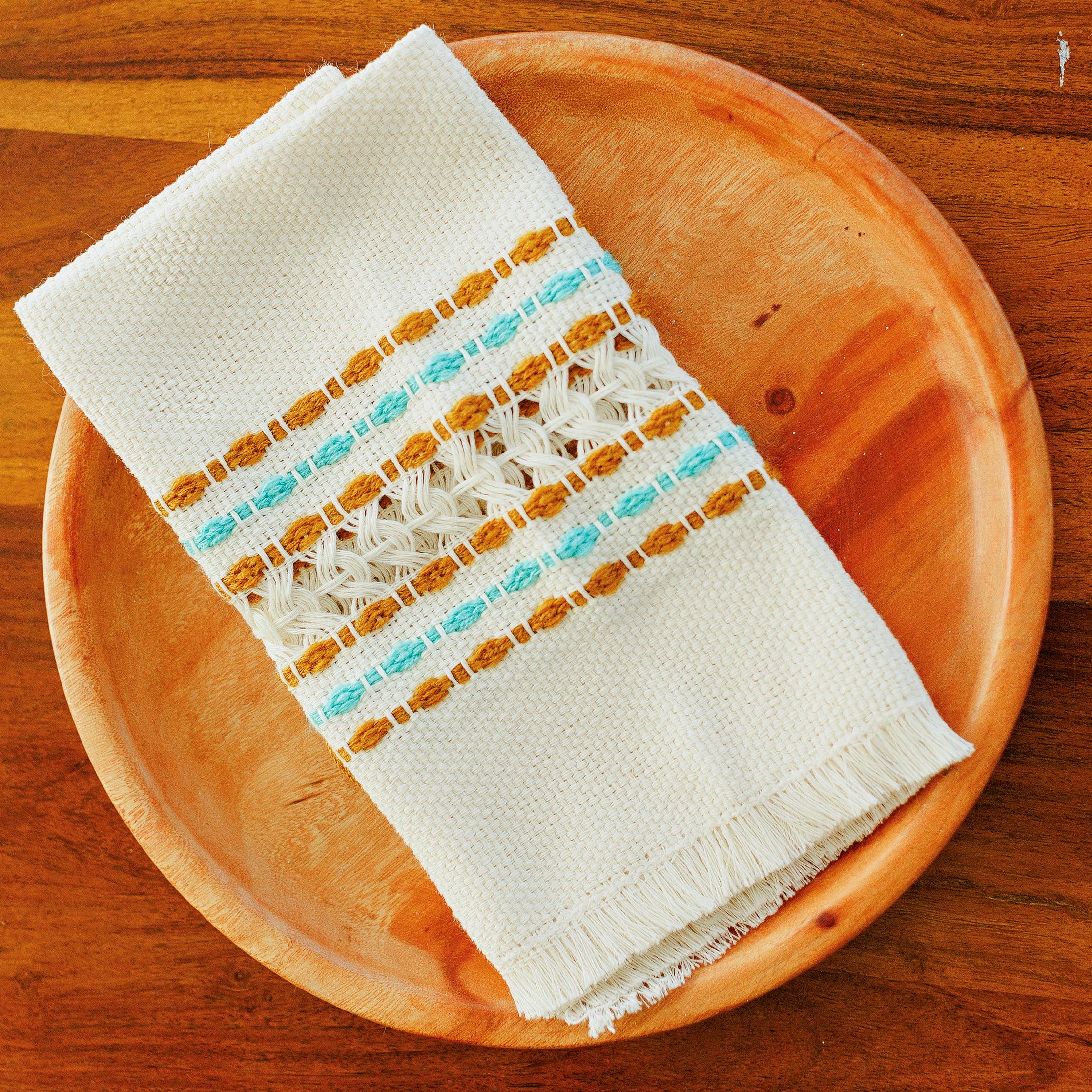 Handwoven Cotton Napkin - Mustard and Teal, photo 1 of 3