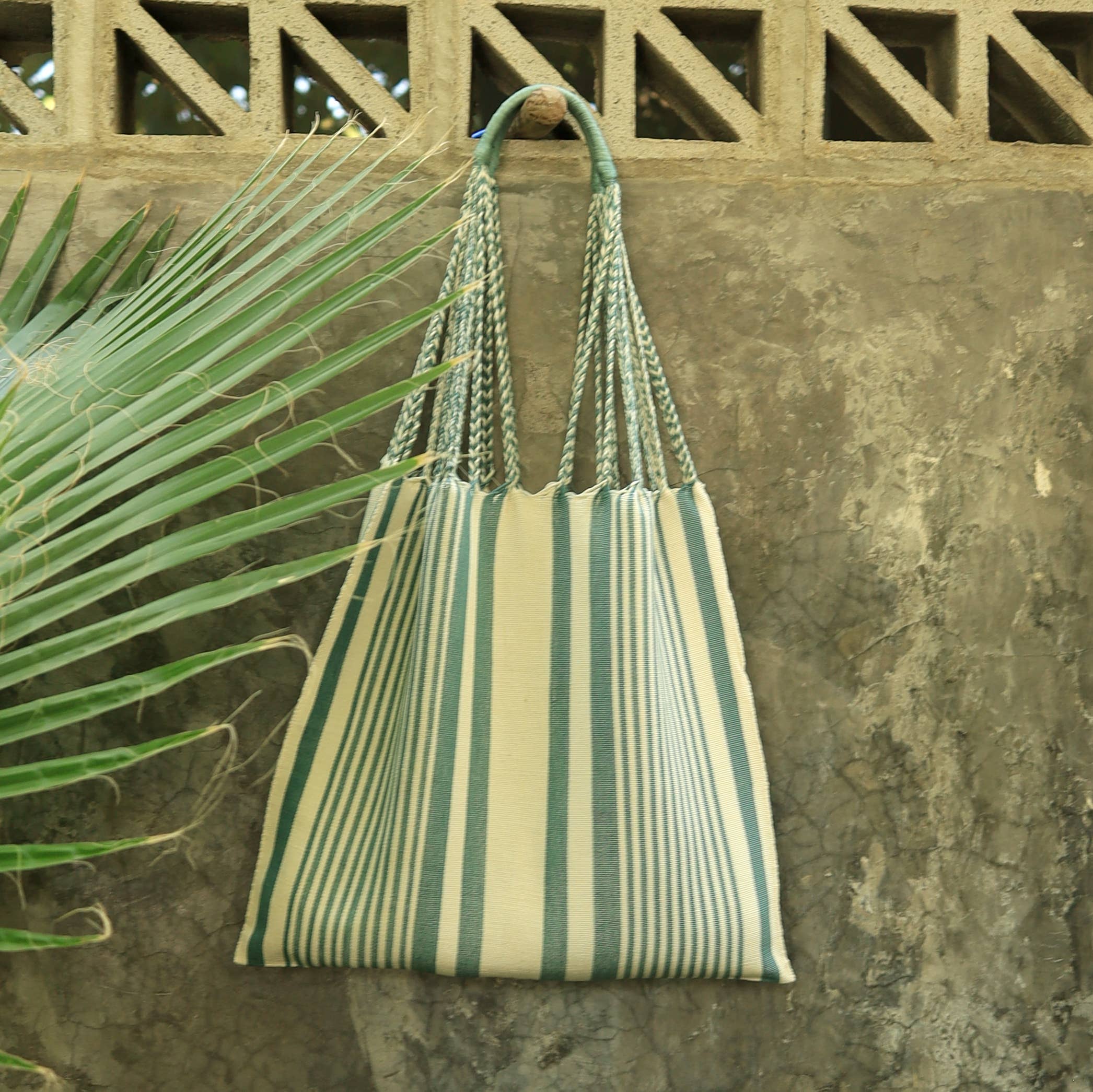 Las Rayas Tote Hand Woven Chiapas - yaax - Green, photo 2 of 3