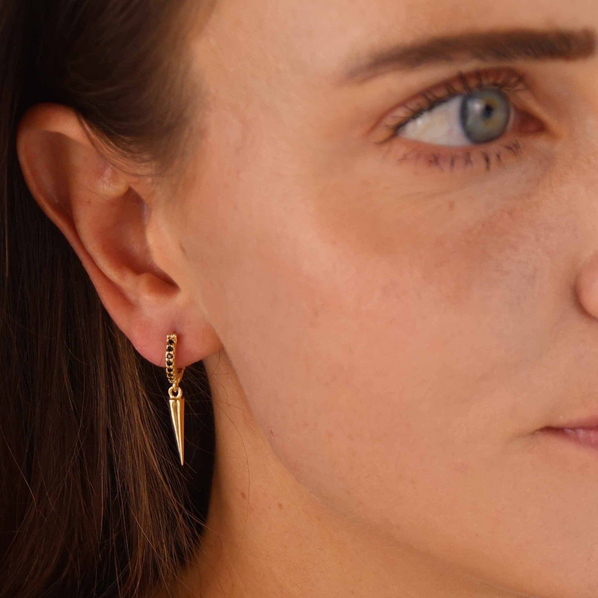 18k Gold Filled Black CZ Hoop Earrings With Spike Drop, photo 4 of 6