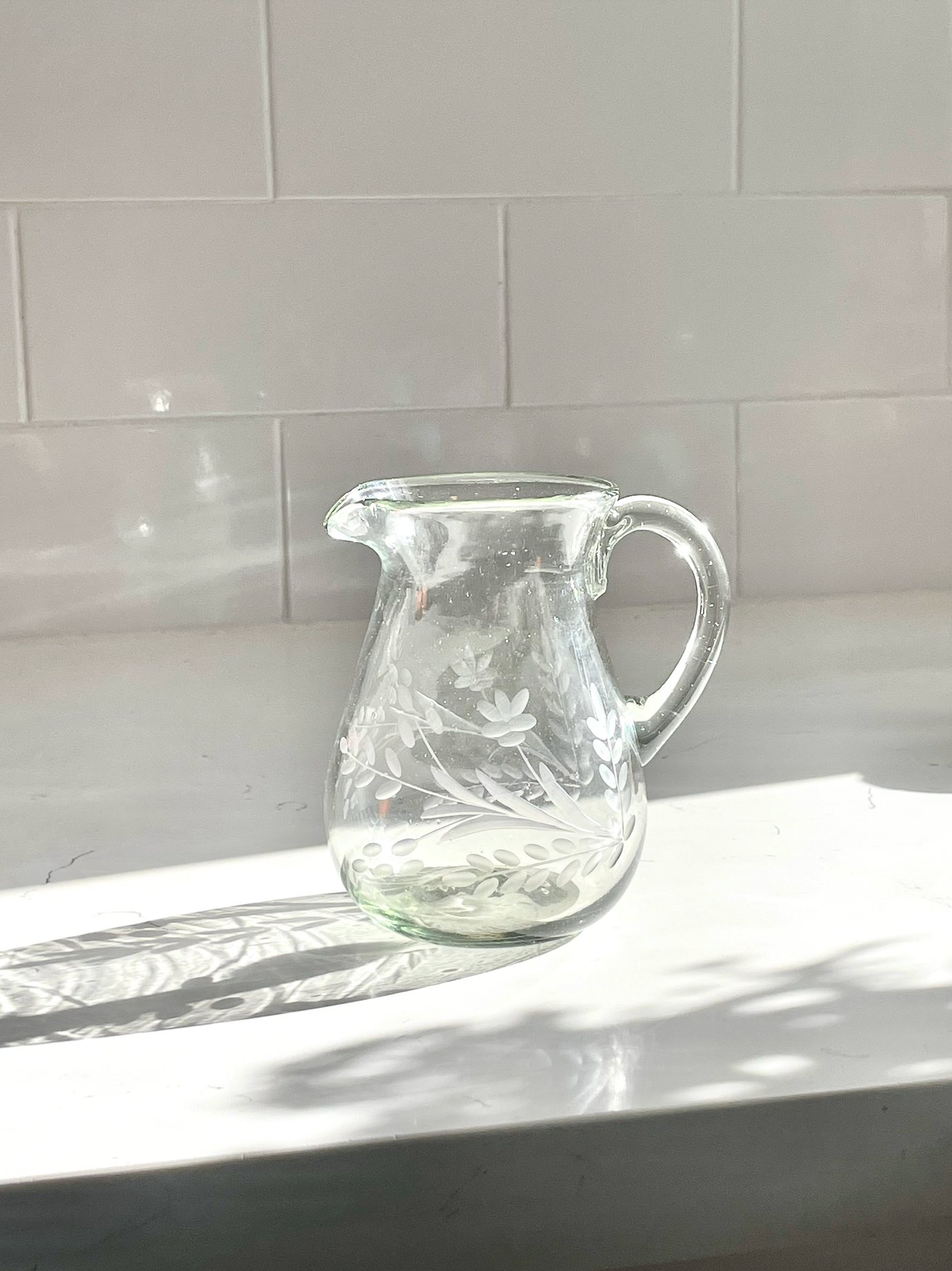 Hand-etched Blown Petite Pitcher, photo 2 of 5