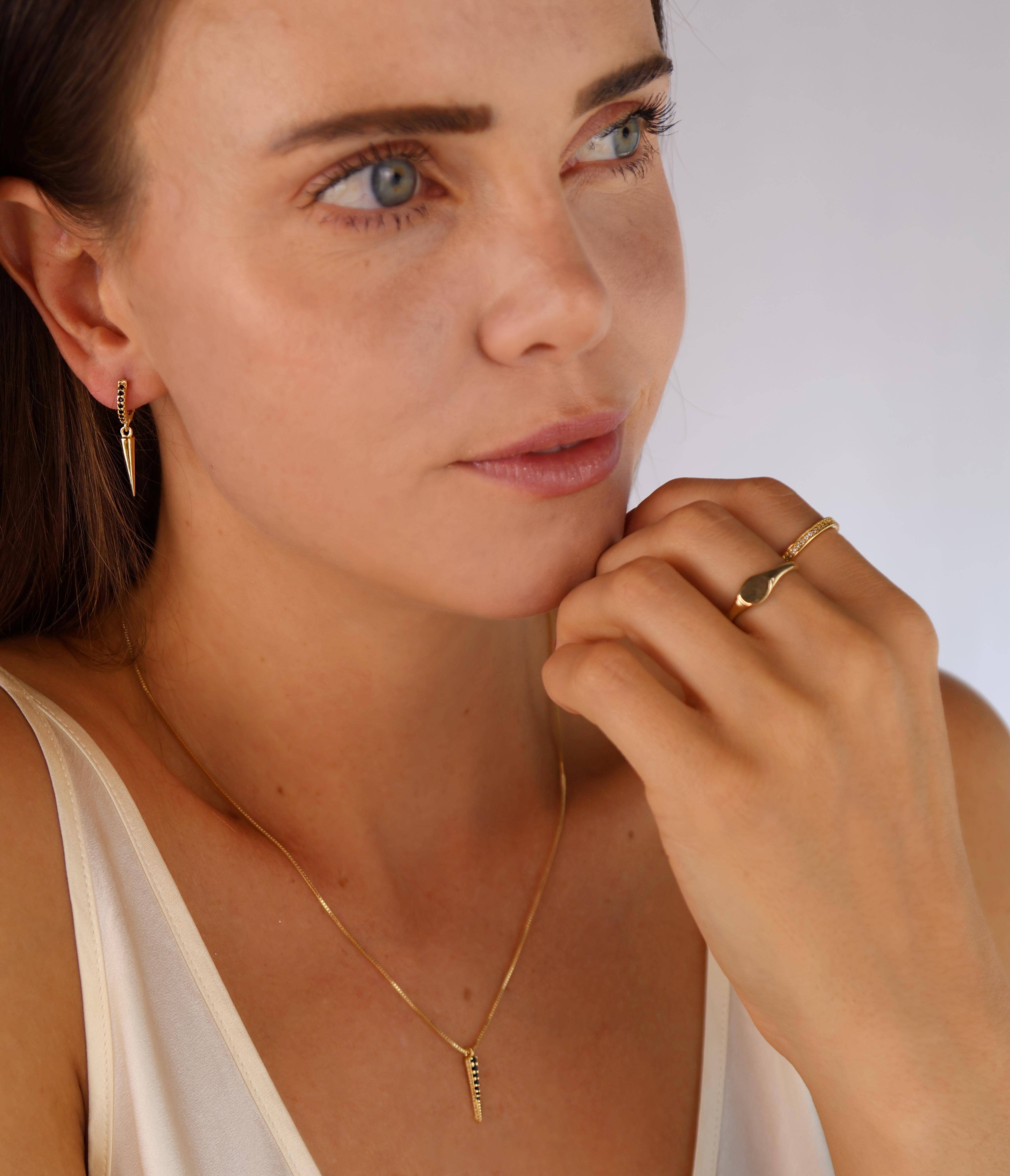 18k Gold Filled Black CZ Hoop Earrings With Spike Drop, photo 2 of 6