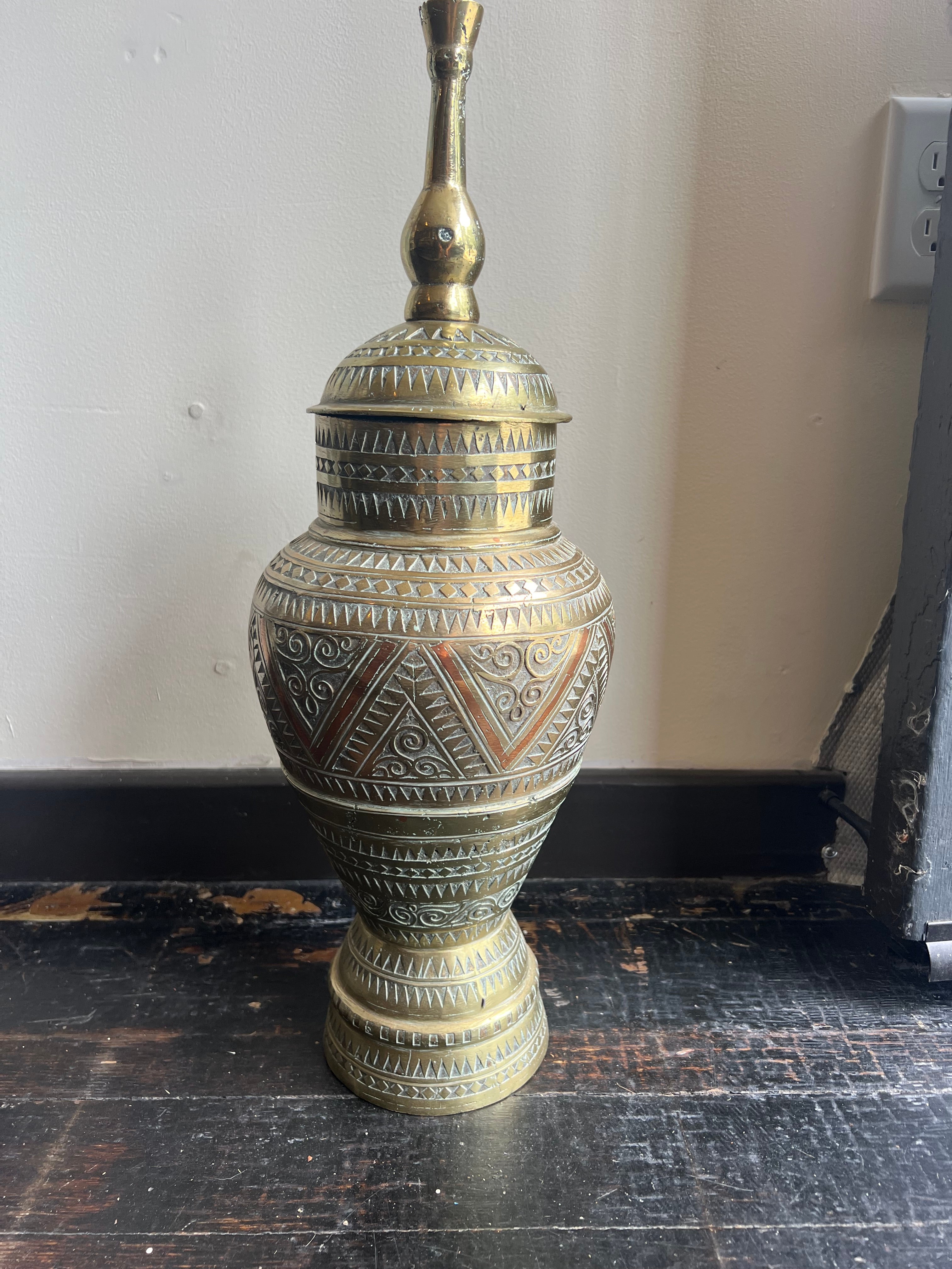 Large Vintage Solid Brass Inlaid Urn w/Lid