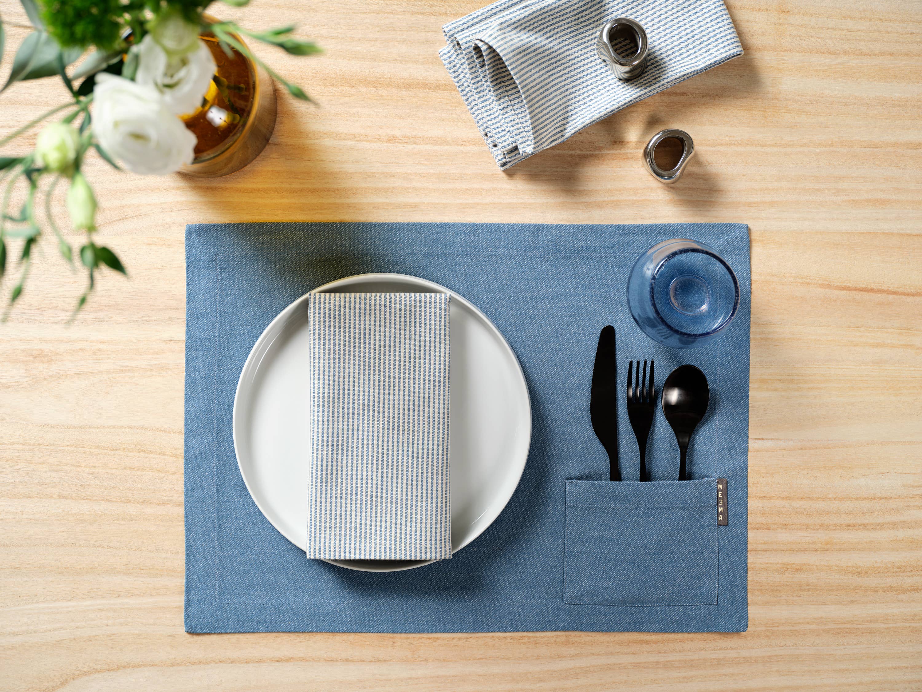 Cloth Dinner Napkins – Cotton Set of 4, Stripes & Solid: Blue Pinstriped, photo 3 of 8