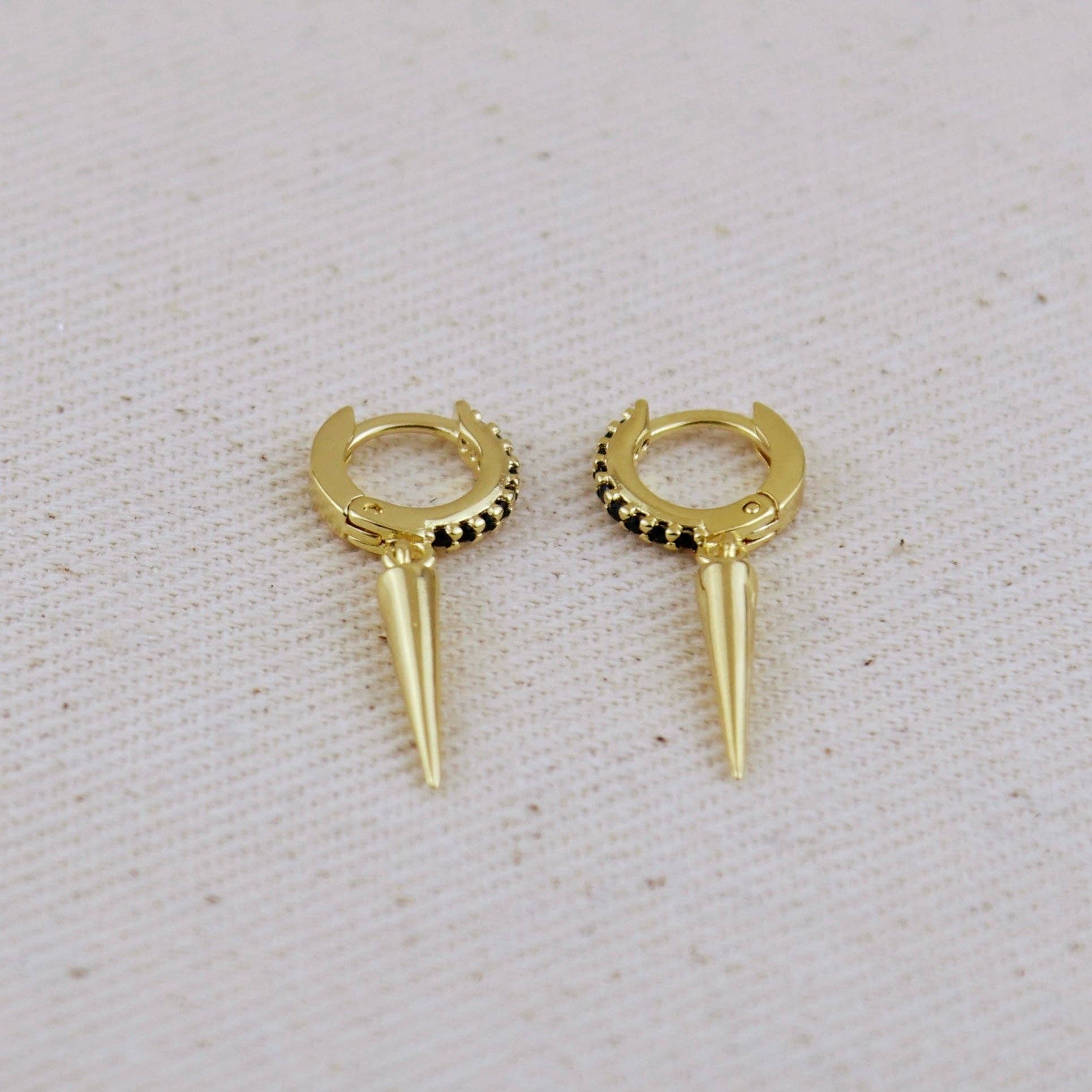 18k Gold Filled Black CZ Hoop Earrings With Spike Drop, photo 5 of 6